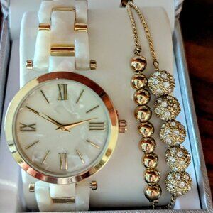 I.N.C Women's Gold-Tone & Mother-of-Pearl Bracelet Watch & Slider Bracelet Set